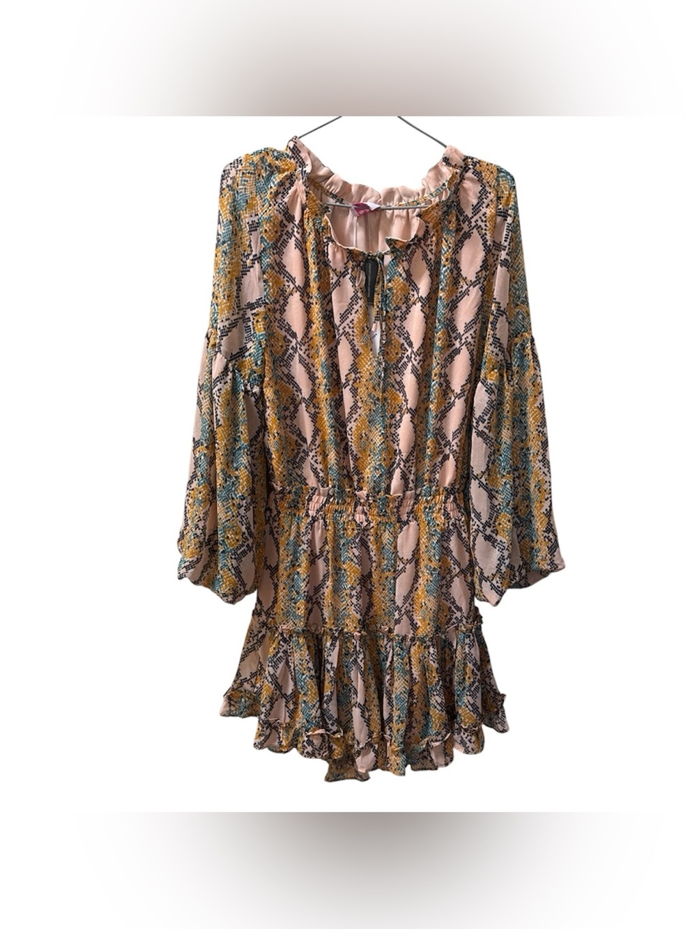 Buddy Love Pink and Mustard Snake-Print Long Sleeve Ruffle Dress